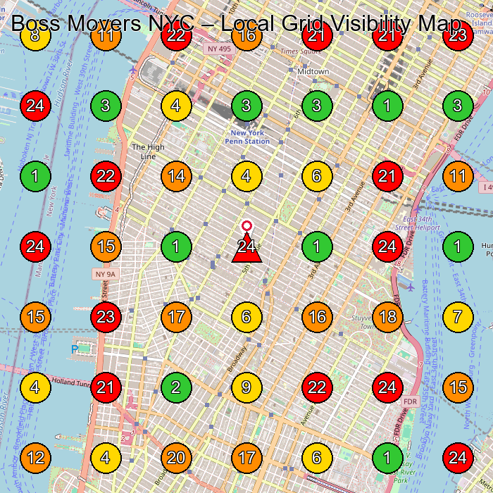 Boss Movers NYC Moving And Storage Service GeoGrid ranking map for New York NY
